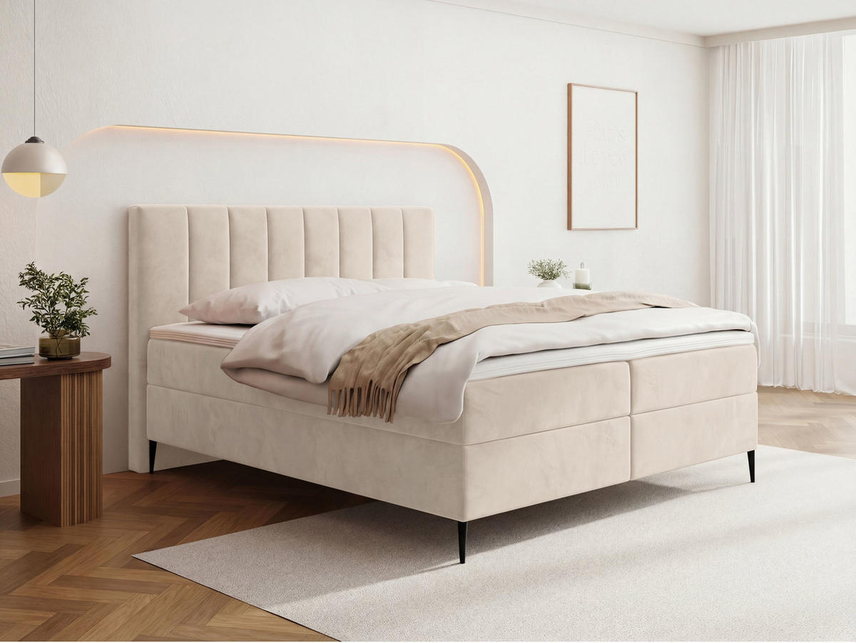 BOXBETT Allen mit Bettkasten, Samt Beige 180x200 cm – inkl. H4 Taschenfederkern Matratze & Foam Topper - Ecru/Beige, Holz/Holzwerkstoff (180/200cm) - WFL GROUP