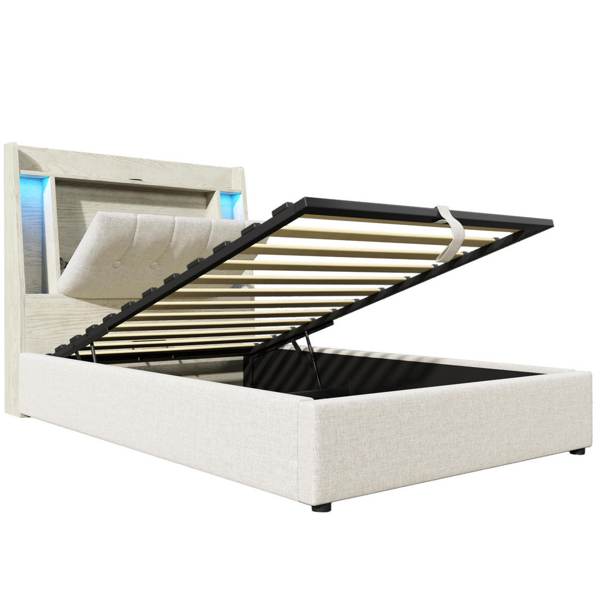 POLSTERBETT 90/200 cm mit LED-Beleuchtung, USB-C und Bettkasten in Beige - Beige, Textil (90/200cm) - BEAOK