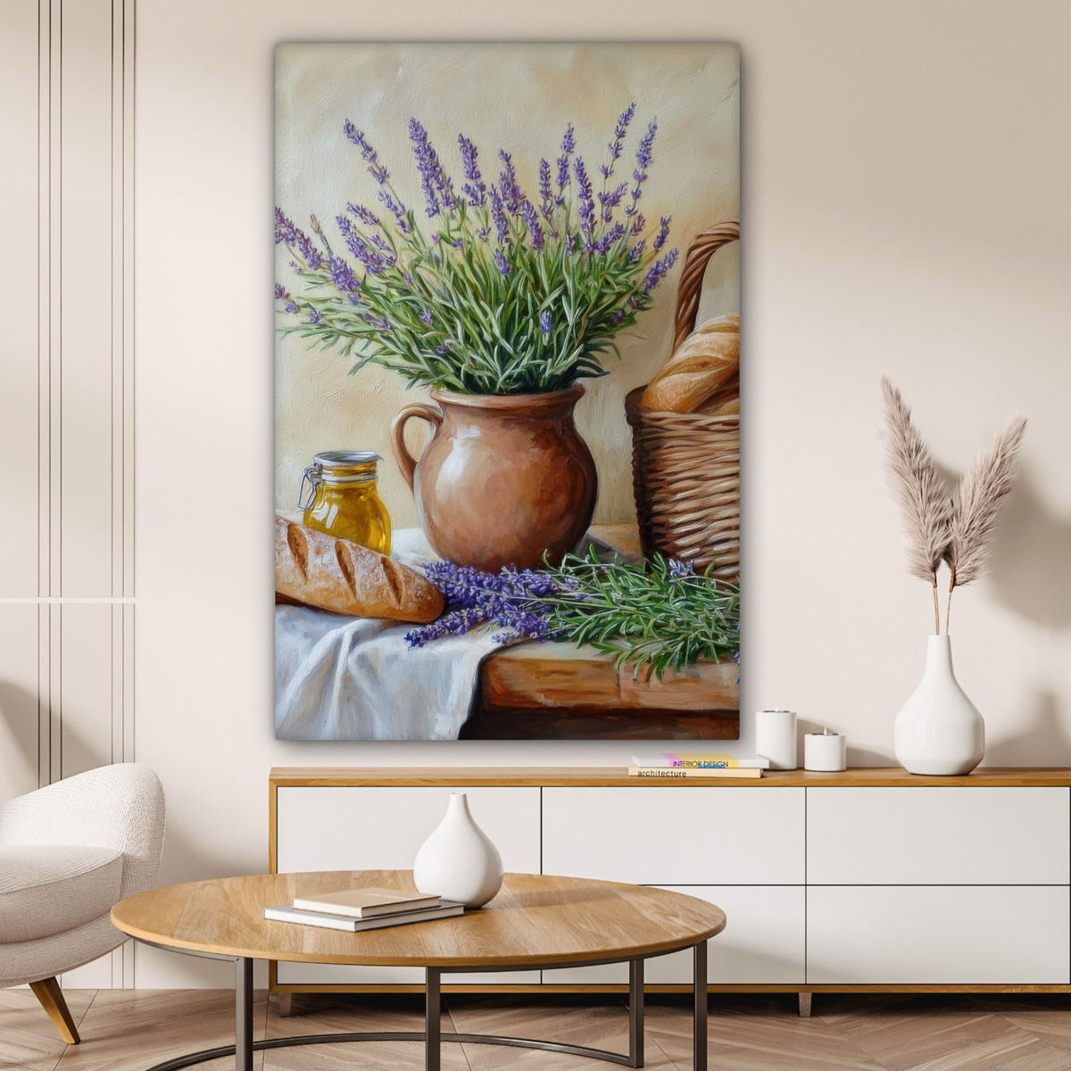 LEINWANDBILD Lavendel - Brot - Stilleben 80x120 cm - Flieder, Textil (80/120cm) - MuchoWow