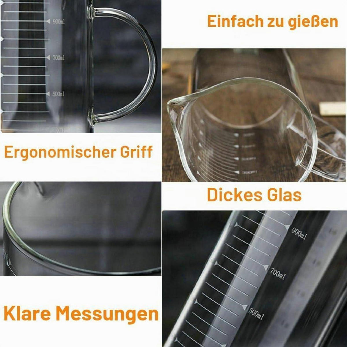 MESSBECHER Glas 0,5 Liter mit ergonomischem Griff - Transparent, Glas (0.5L)