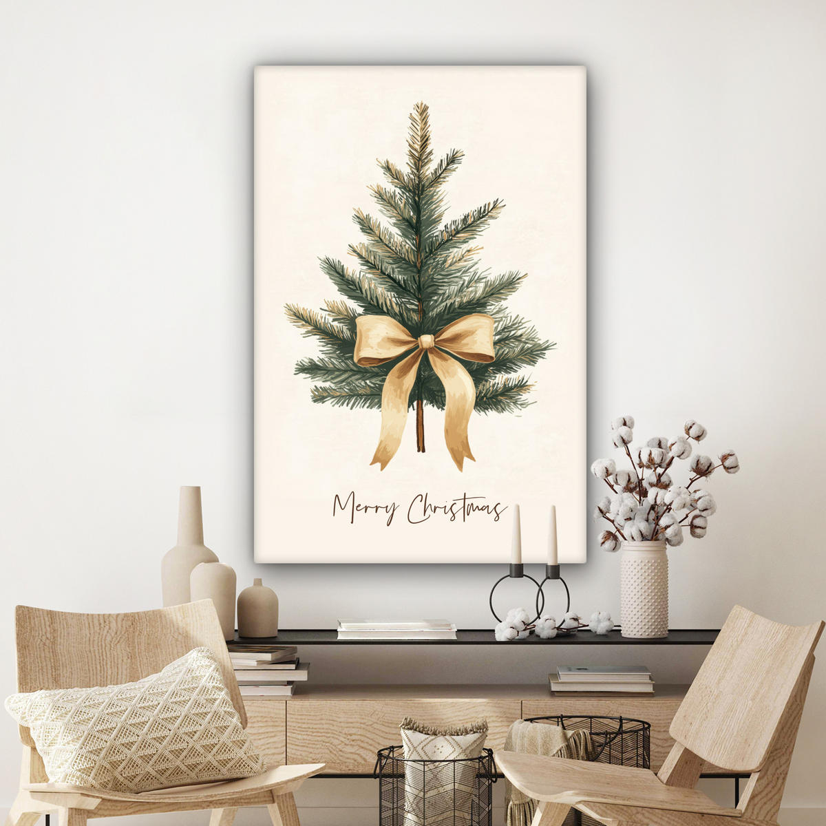 LEINWANDBILD Weihnachtsbaum - Weihnachten - Frohe Weihnachten - Beige 90x140 cm - Sandfarben, Textil (90/140cm) - MuchoWow