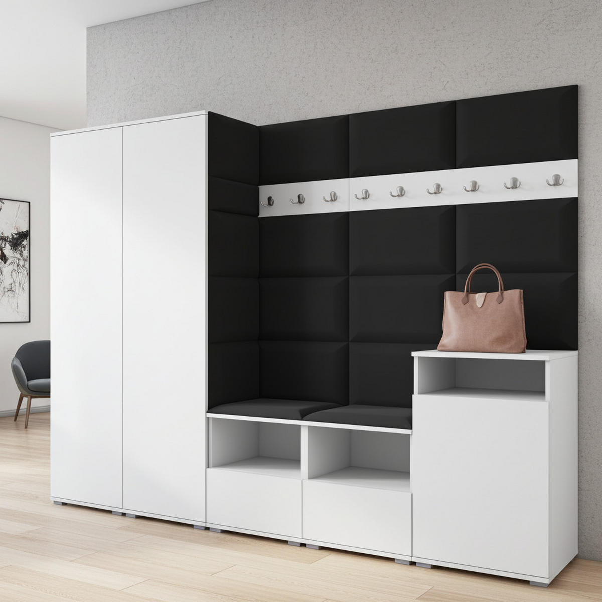 GARDEROBE NELA VIII 250 cm (Modulare Flurmöbel Weiß mit Sitzpolster Schwarz 16 2 Schränke + Sideboard) - Silberfarben/Schwarz, Holz/Holzwerkstoff (250/187/40cm) - Ravio