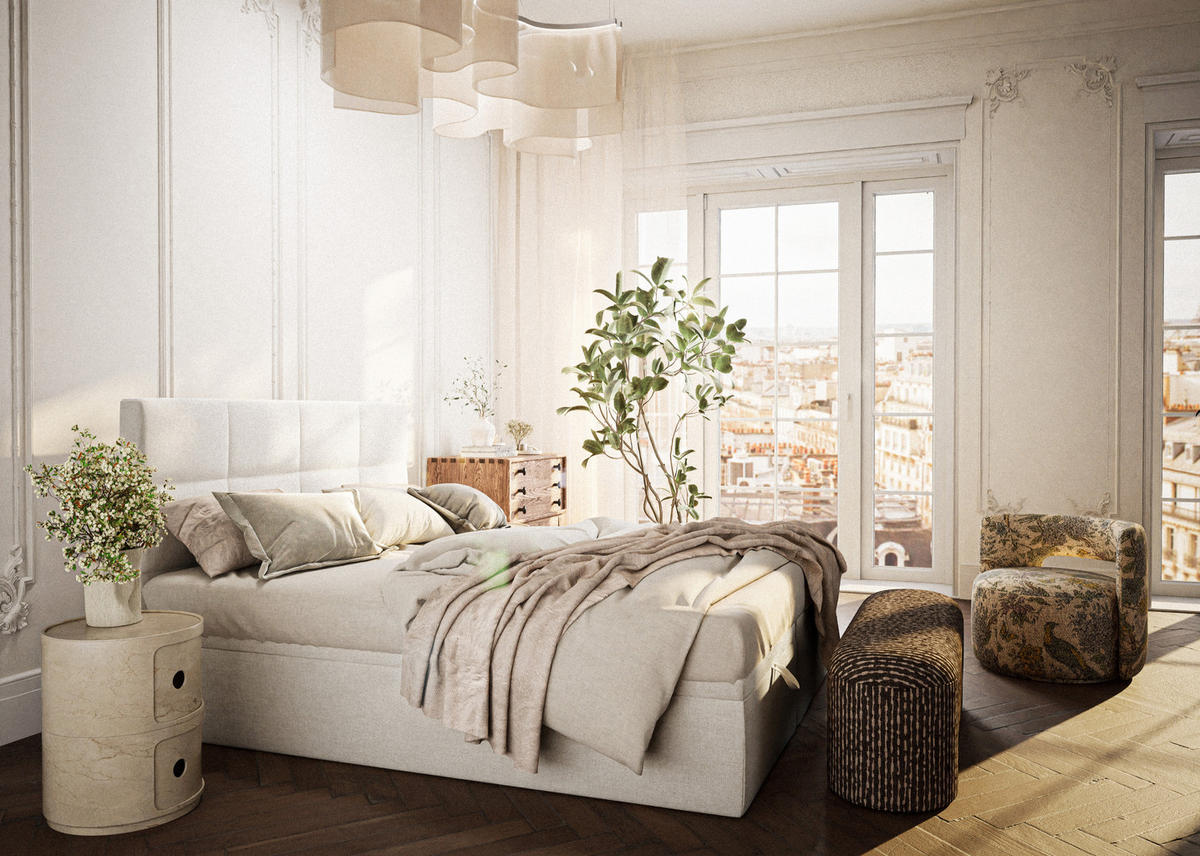 BOXBETT 140/200 cm Umage, in Creme, Matratze, gepolstertes Kopfteil, Bettkasten, H3 = fest - Creme/Schwarz, Holz/Holzwerkstoff (140/200cm) - Maison de Reve