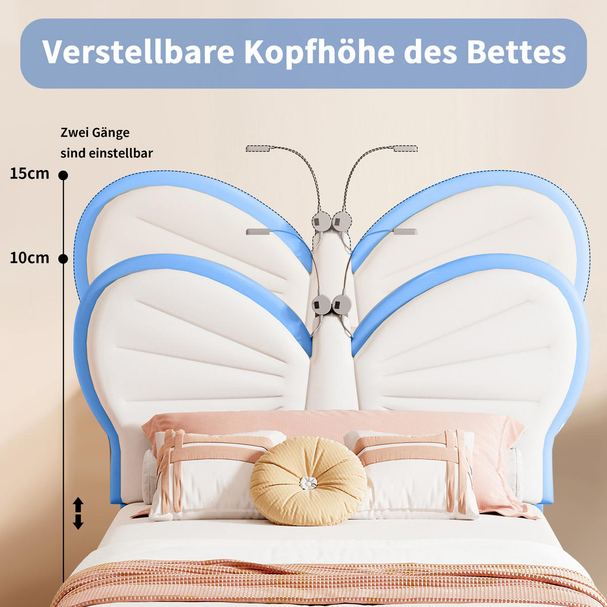 KINDERBETT 90 x 200 cm, Kopfteil in Schmetterlingsform, mit integrierter LED-Leselampe & höhenverstellbarem Kopfteil,Samtmaterial,Weiß und blau - Hellblau, Holz/Metall (90/200cm) - BursDany