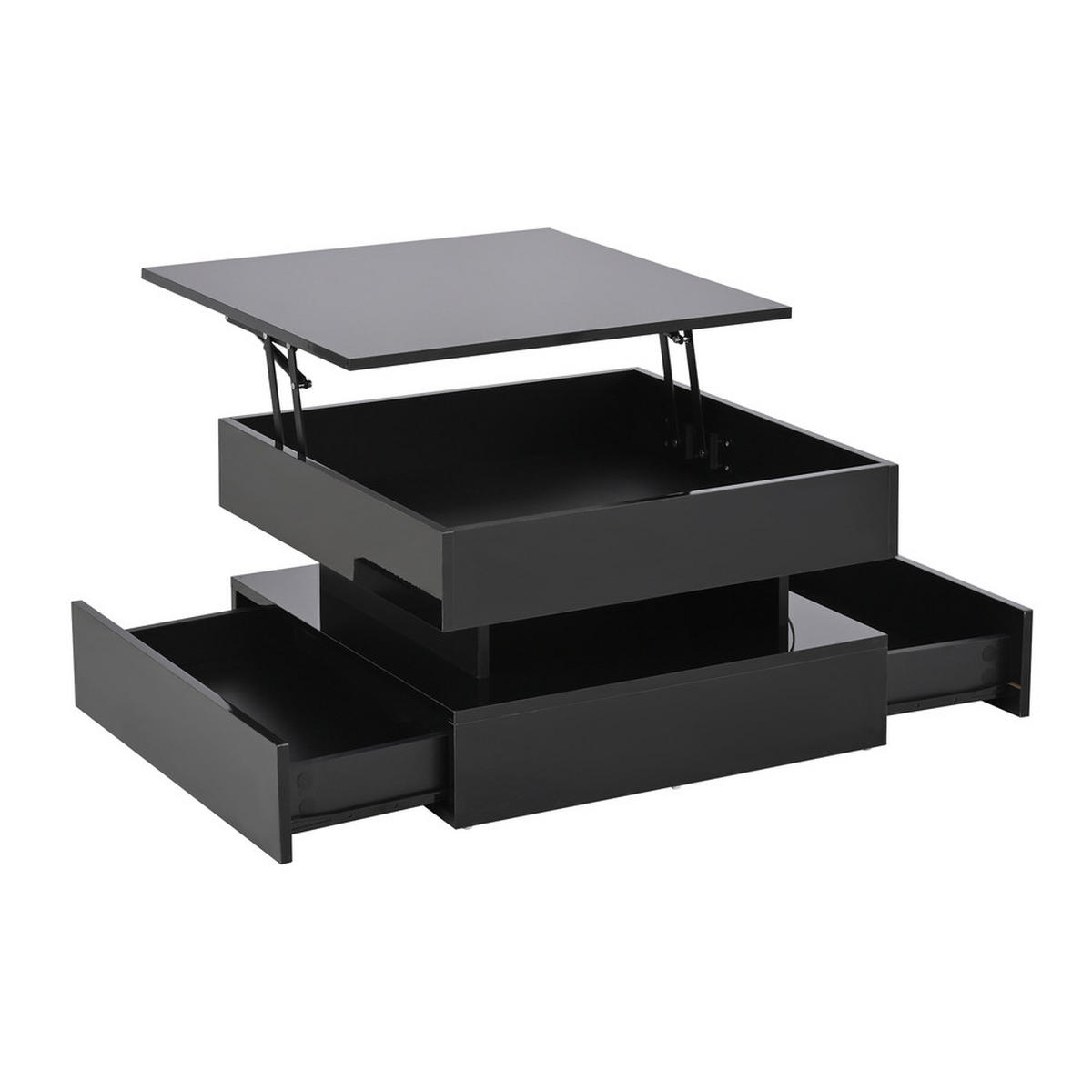 COUCHTISCH 65x65cm Schwarz Hochglanz LED Anhebbar 2 Schubladen Geometrisch - Schwarz, Holz (76.84/75.18/19.69cm) - FLIEKS