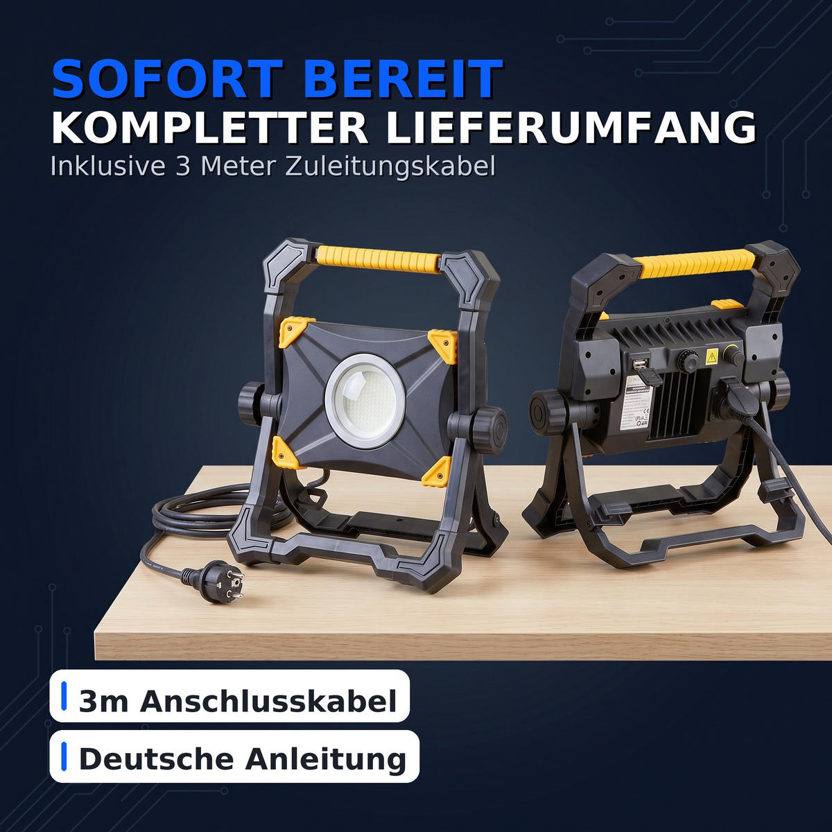 NORTHPOINT LED Baustrahler Arbeitsstrahler 100W 9000 Lumen mit USB-Ausgang stufenlos dimmbar rückseitige Steckdose #1 - Schwarz, Metall (13/77/215cm) - Northpoint