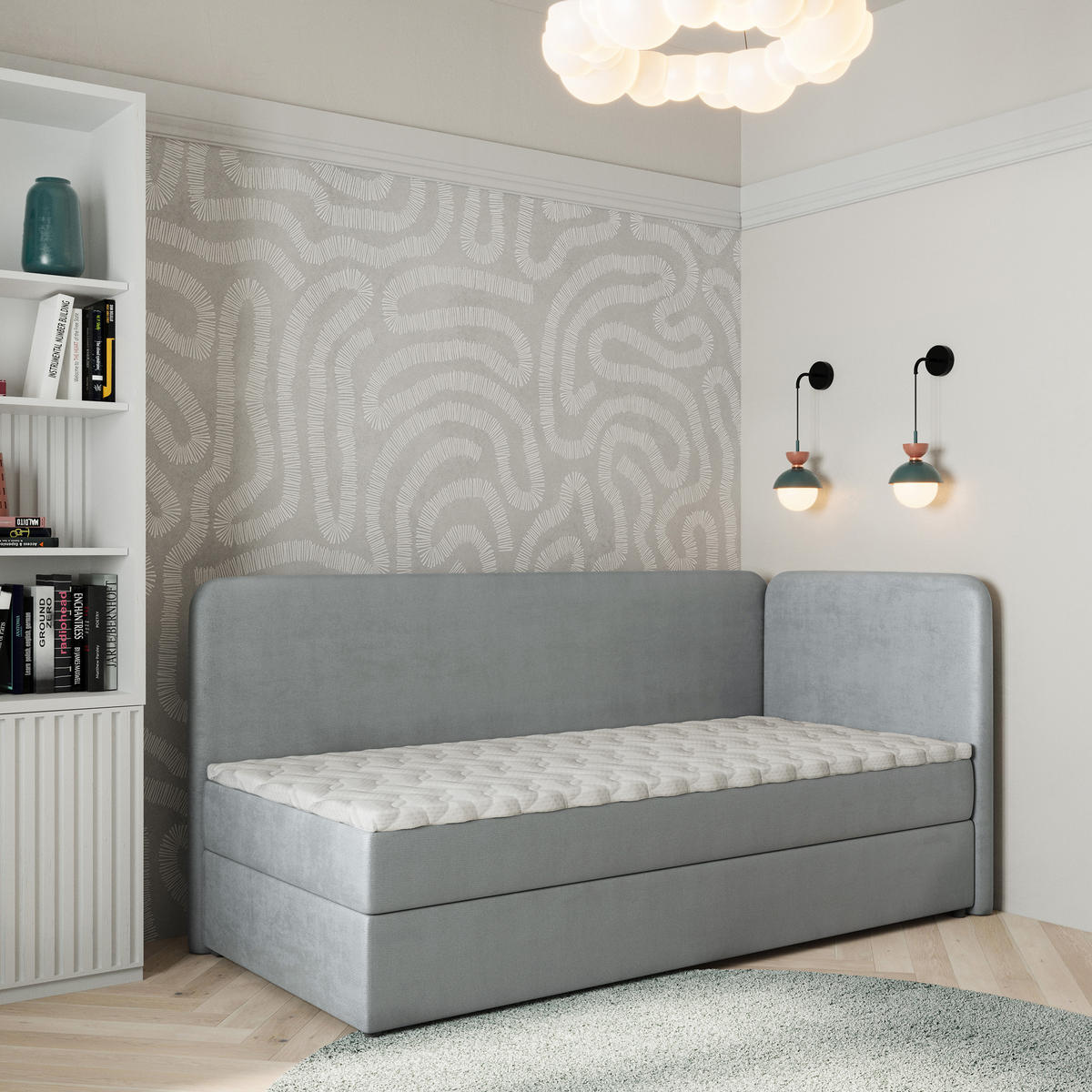 BOXBETT GINA 80x200 cm mit Matratze und Topper, H2+H3 - Hellgrau - Hellgrau, Holz (80/200cm) - MASSENO