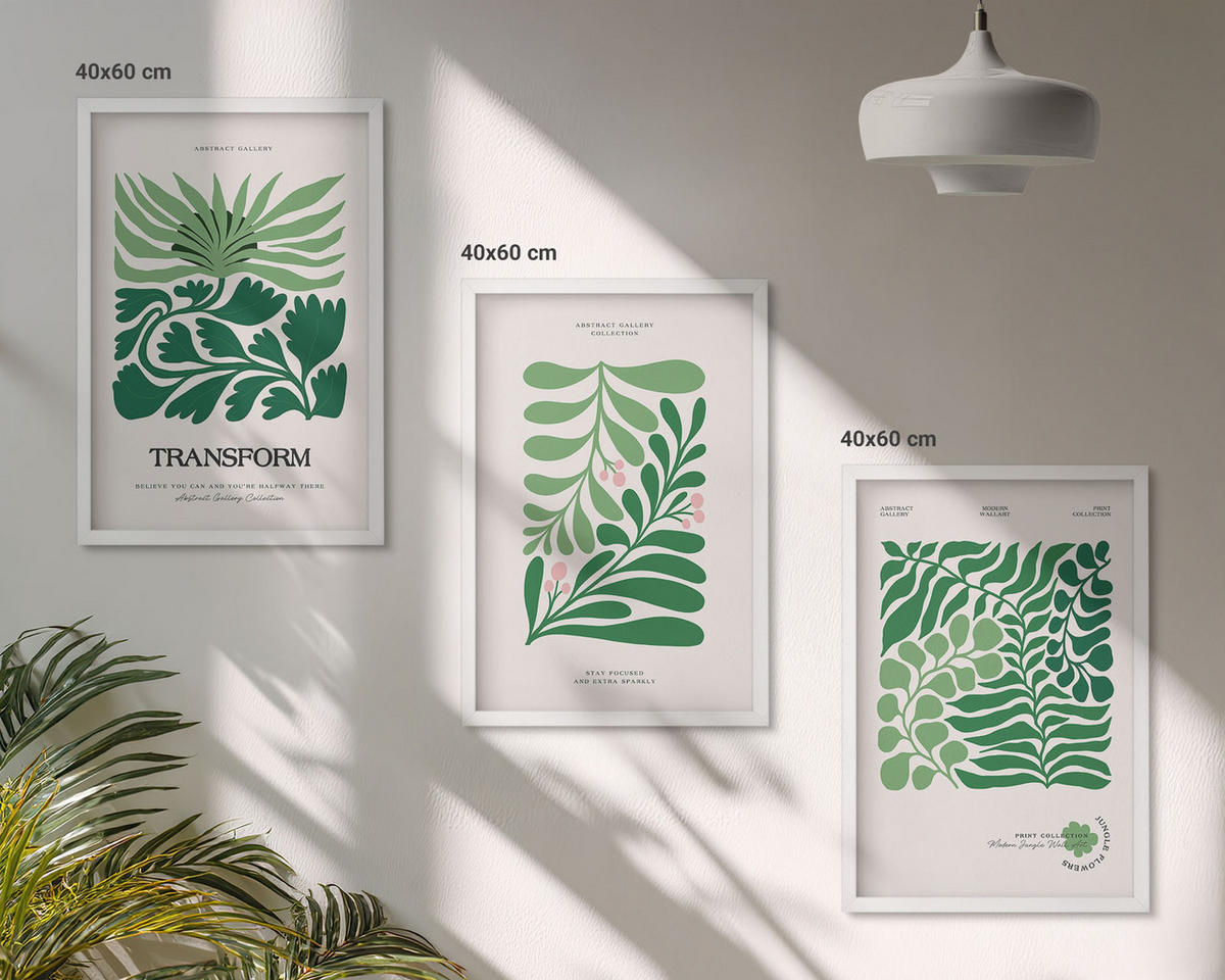 WANDBILDER 3er-Set - 40x60 cm Weißer Rahmen - Formen grüner Blätter - Weiß, Kunststoff (40/60cm) - ArtPrintCave