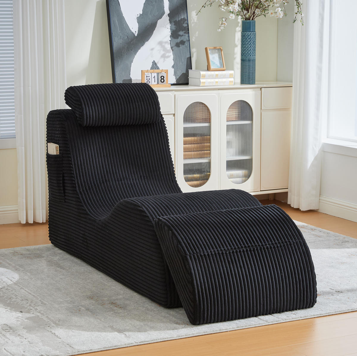 KŘESLO 160/66/90 cm černé z manšestru s boční kapsou a odnímatelným sedákem - černá, textil (66/90/160cm) - OKWISH