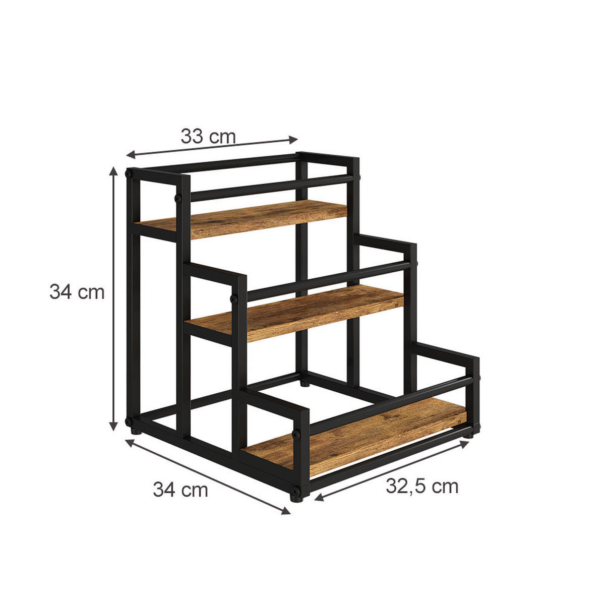STUFENREGAL Fyrk Eiche rustikal 33 x 34 cm mit 3 Ebenen - Wildeiche/Schwarz, Holzwerkstoff (34/33/34cm) - Vicco