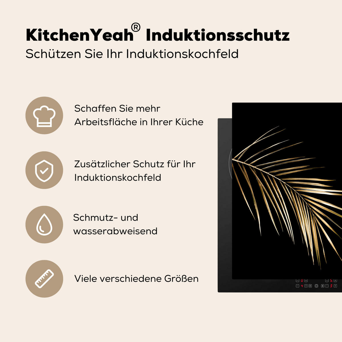 HERDABDECKPLATTE Blätter - Pflanzen - Gold - Schwarz - Luxus Herdabdeckung Induktionsfeld 75x52 cm - Goldfarben, Kunststoff (75/52/0.2cm) - MuchoWow