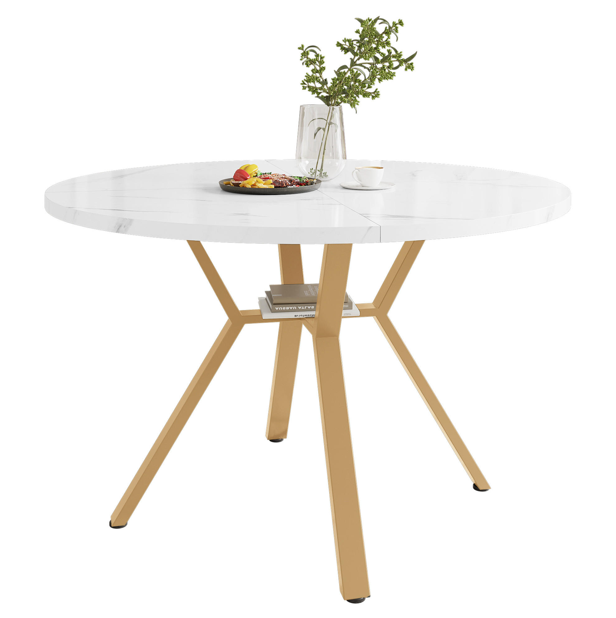 OKWISH JÍDELNÍ stůl 100/100/75 cm bílý a zlatý z MDF a oceli s mramorovým dekorem a kulatou deskou