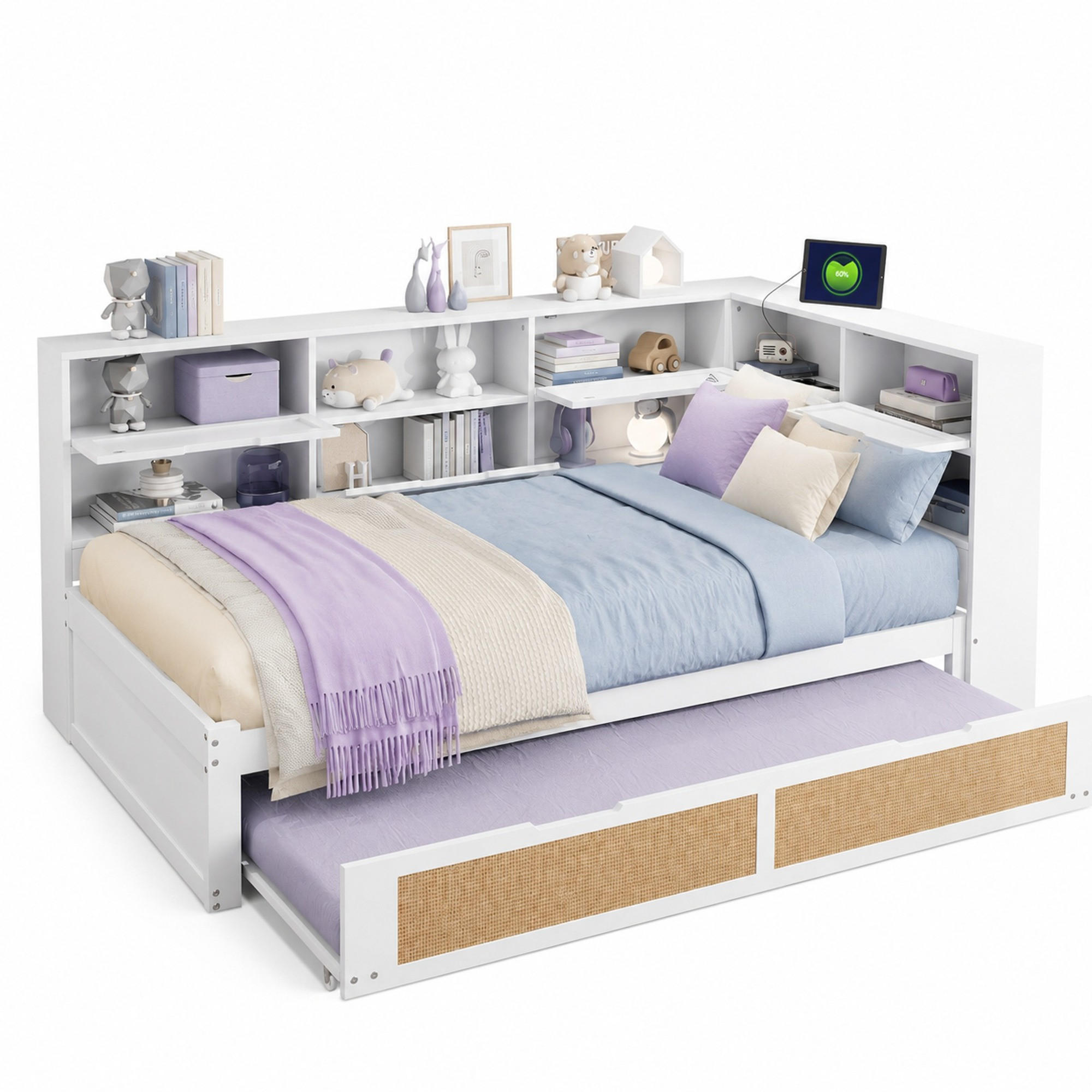 JUGENDBETT 90/200 mit Ausziehbett, Stauraum, Ladeanschluss und Massivholz in Weiß - Weiß, Holzwerkstoff (90/200cm) - EVRYAE