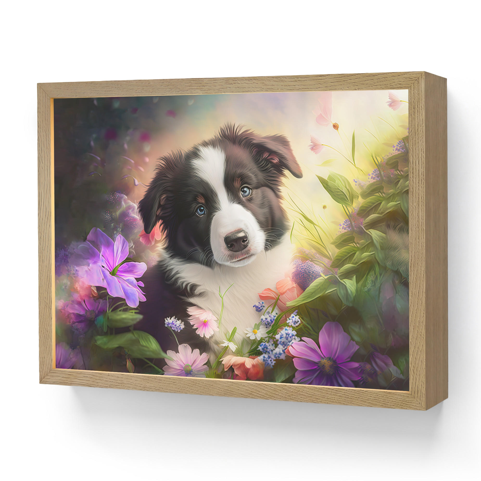 OnlyWow NÁSTĚNNÁ LAMPA S AKUMULÁTOREM Štěně - Slunce - Květiny - Příroda - Border kolie - Pes 40x30 cm