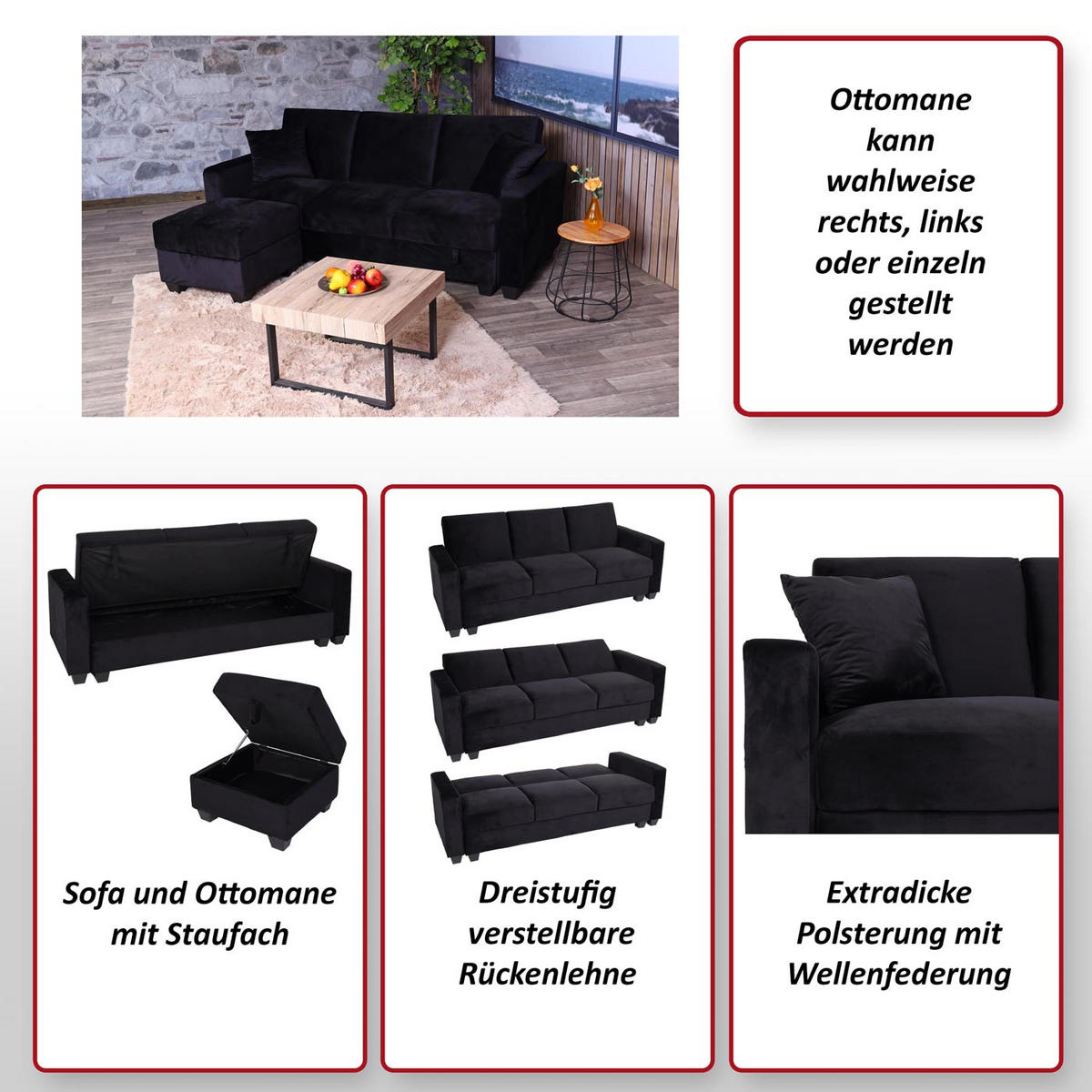 SOFA MIT OTTOMANE Schwarz - Schwarz, Textil (217/145cm) - MCW
