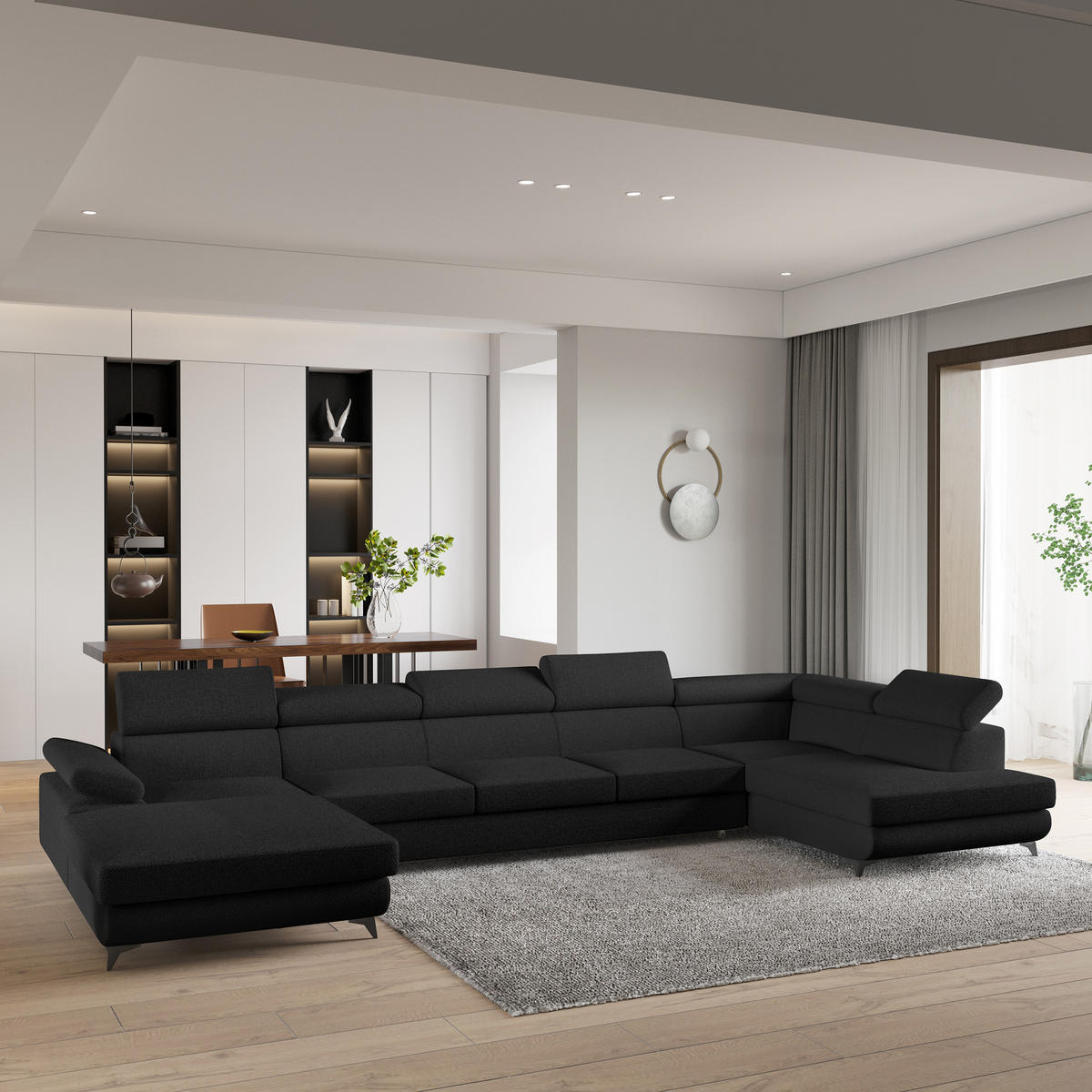 WOHNLANDSCHAFT MONTIVA Schwarz Boucle-Stoff mit Schlaffunktion - Schwarz, Holz (410/89/190cm) - MASSENO
