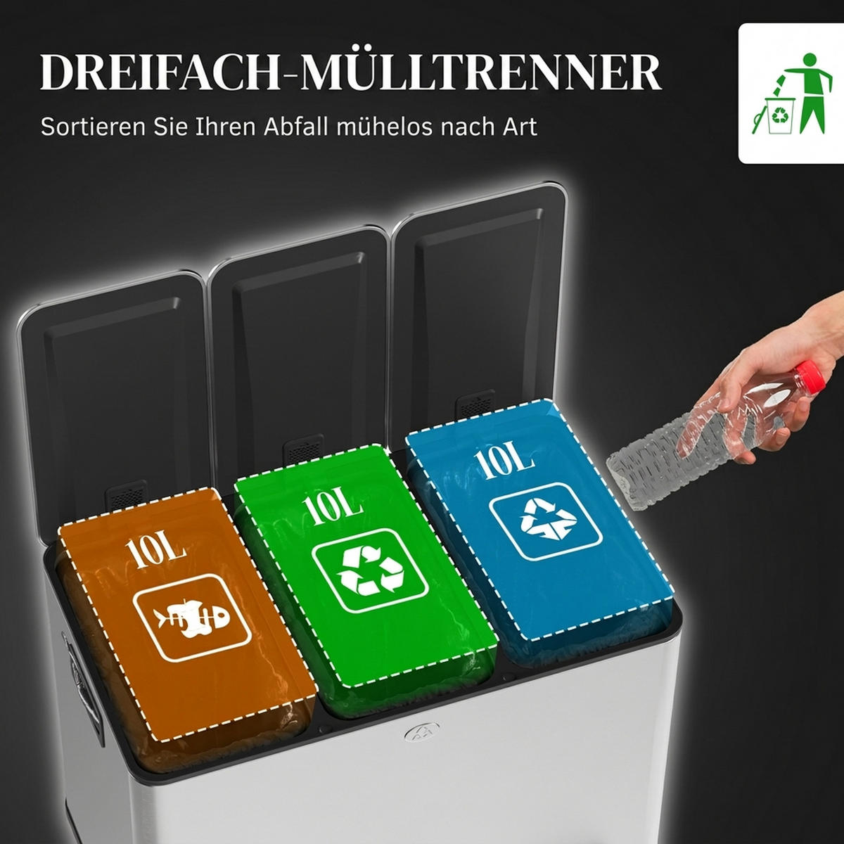 MÜLLEIMER 3x10L Abfalleimer aus Edelstahl mit Softclose Deckel Deodorant-Fächern - Silberfarben, Metall (34.5/38.6/49.6cm) - HOMCOM