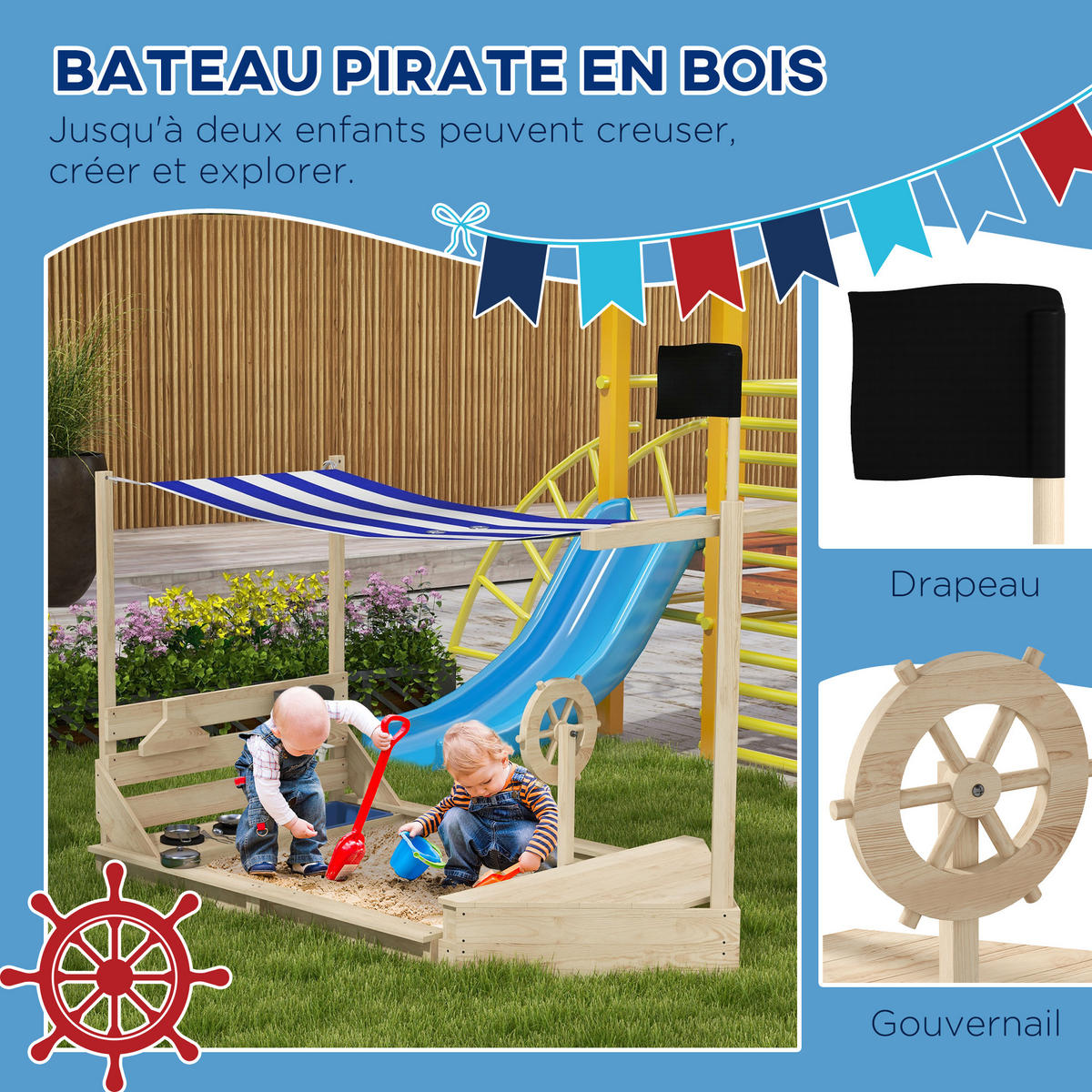 SANDKASTEN DE-18751 mit Küchenspiel & Piratenschiff-Design Naturholz - Naturfarben, Holzwerkstoff (180/103/144.5cm) - ComfortXL