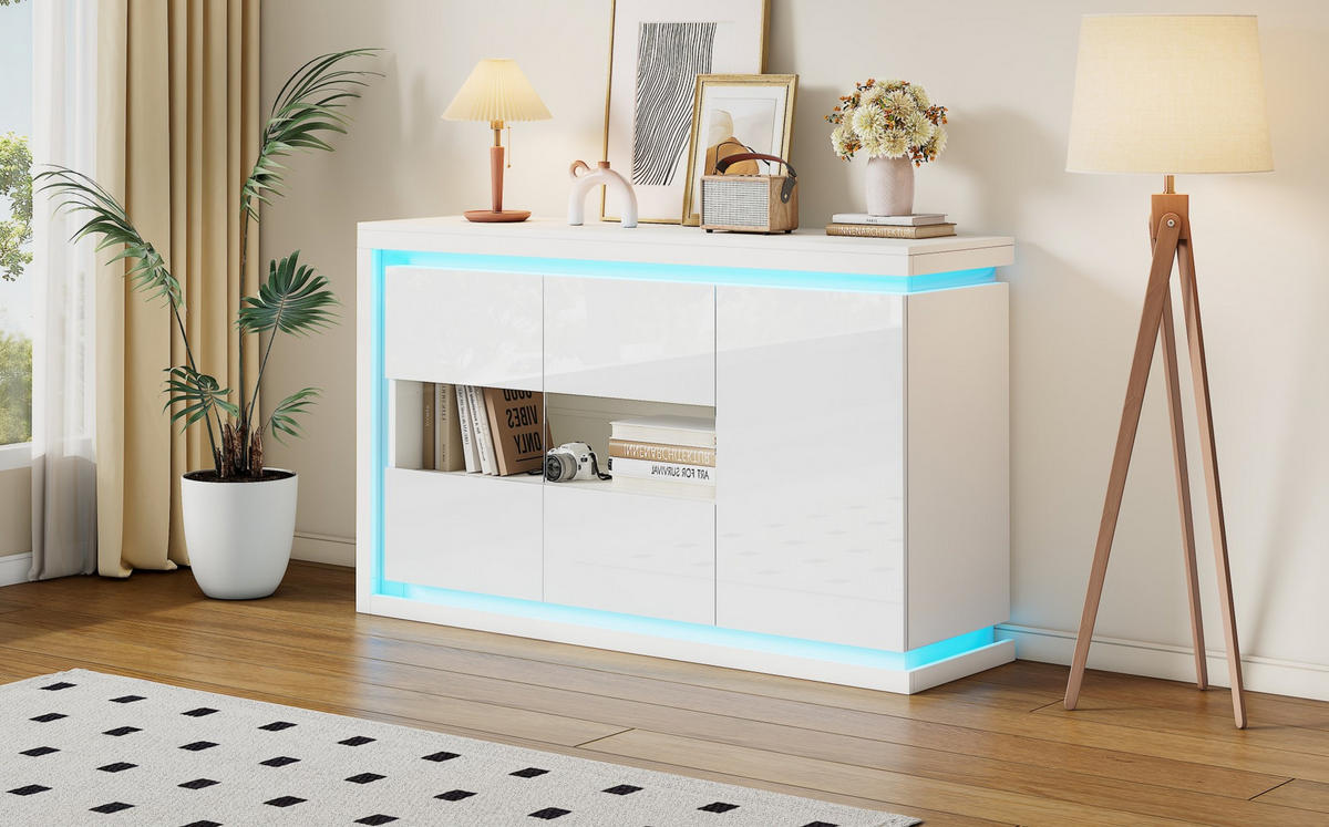 SIDEBOARD aus Spanplatte 140x40x84 cm Weiß mit LED-Beleuchtung, Glastüren und verstellbaren Einlegeböden - Weiß, Holzwerkstoff (140/84/40cm) - Modfu