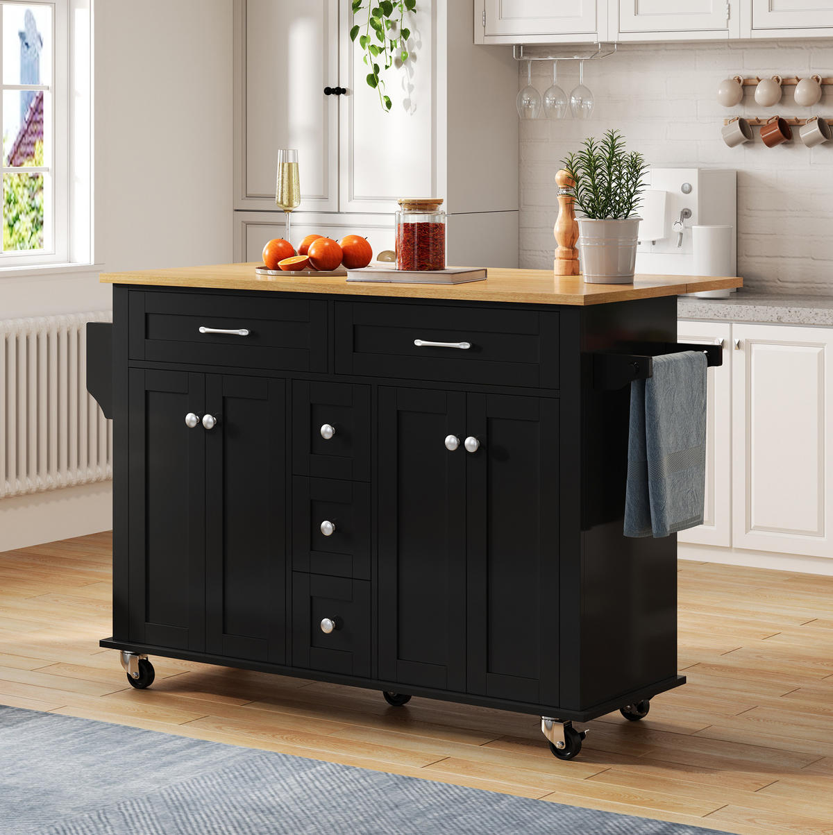 KUECHENWAGEN mit ausklappbarer Arbeitsplatte 140 cm Black/Natural - Schwarz, Holz (65/89/140cm) - Beauniv