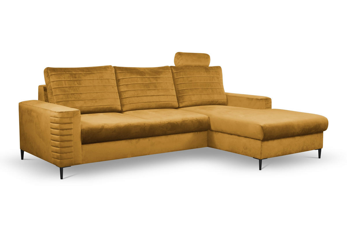 ECKSOFA GRIFO R-S Gelb Velours-Stoff mit Schlaffunktion - Gelb, Holz (253/165cm) - MASSENO