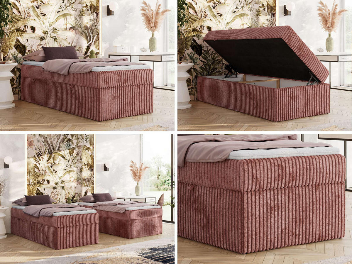 BOXBETT ZERO 90/200 - Rosa Cord - H4 - Topper Visco - Rosa, Textil (90/200cm) - MKS