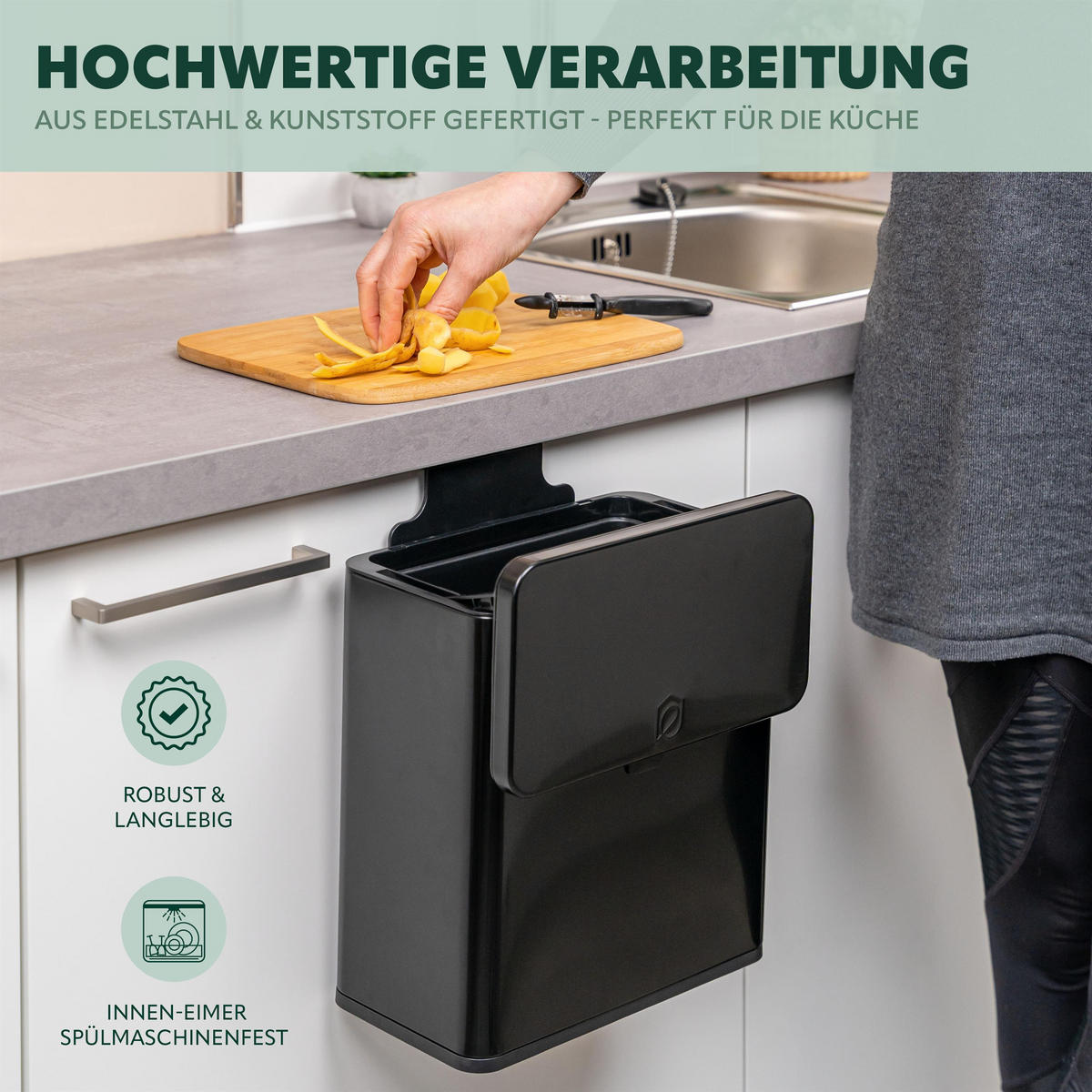 BIOMÜLLEIMER 6L, schwarz - Schwarz, Metall (26/29.5/14cm) - eluno