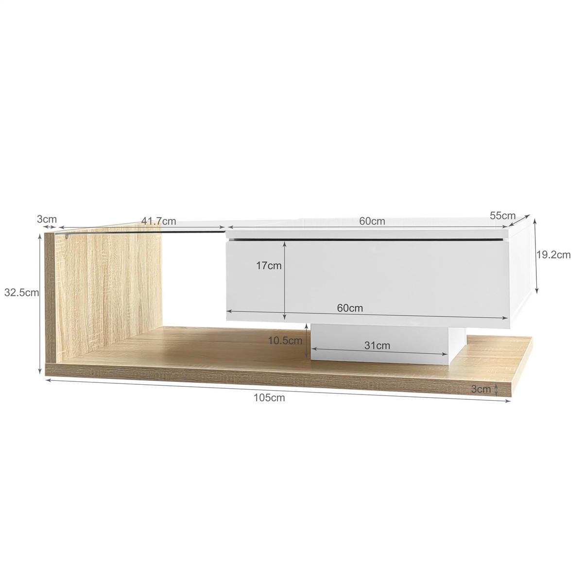 COUCHTISCH Holzoptik mit LED, Glasplatte und Schublade - Weiß, Metall (105/55/32cm)