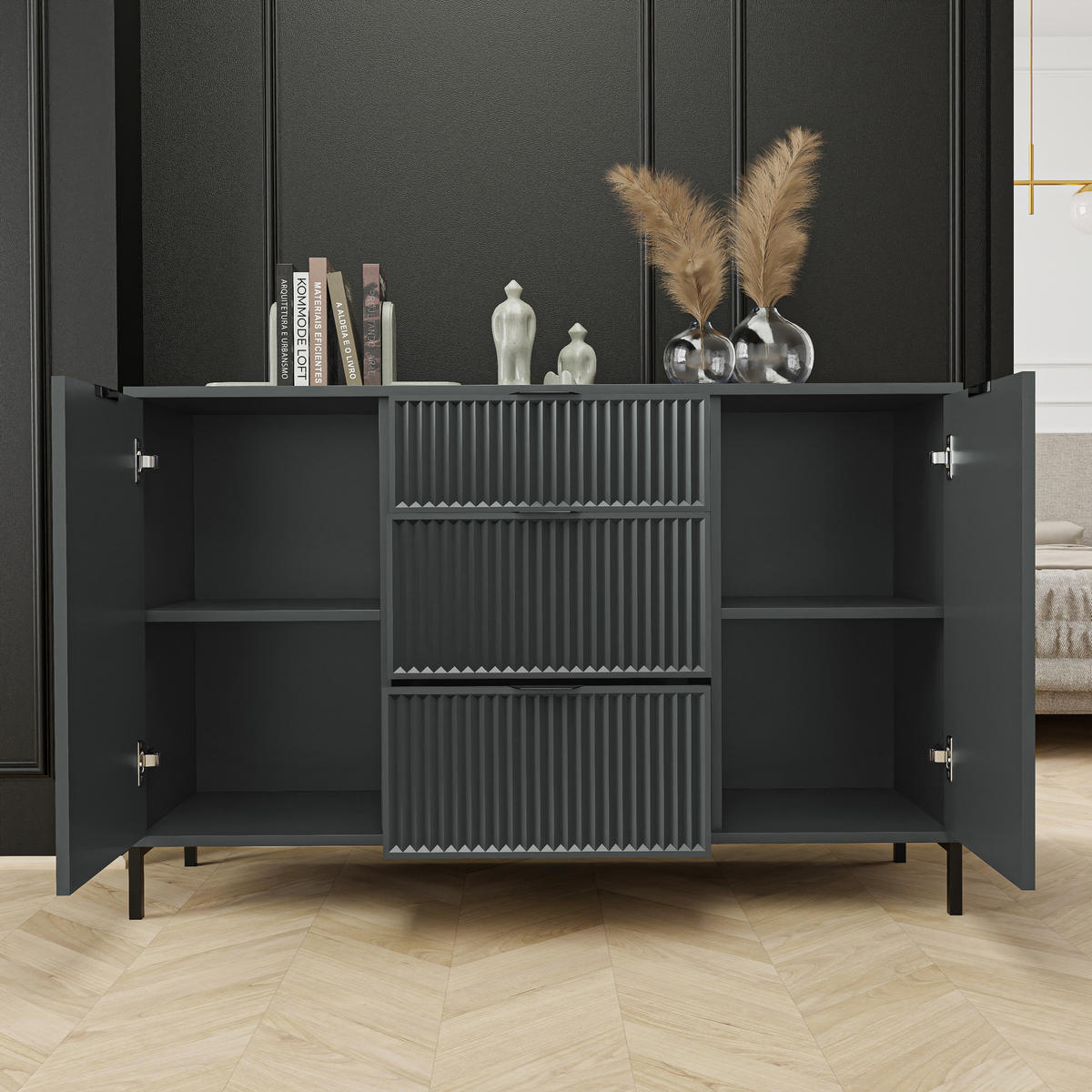 KOMMODE klein Aufbewahrungsschrank mit 3 Schubladen und 2 Türen, Grün - Grün, Holzwerkstoff (135/87/41cm) - Idohome