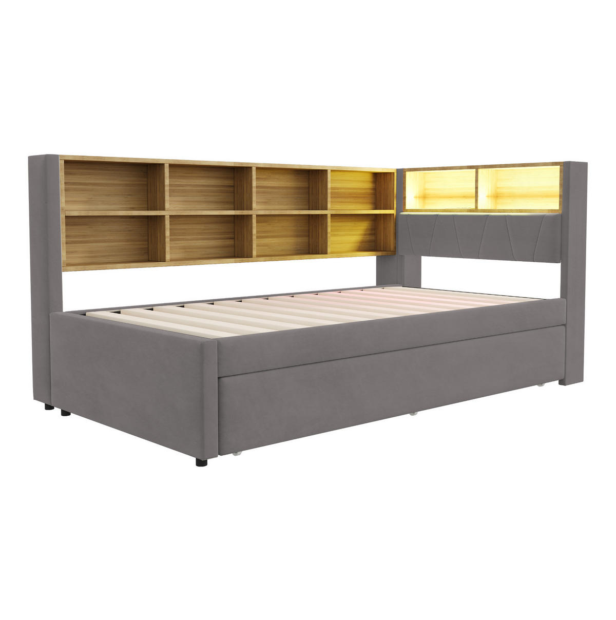 SCHLAFSOFA 90/200 cm mit Ausziehbett 90/190 cm, LED, USB-C, Steckdose und Stauraum, Dunkelgrau - Dunkelgrau, Textil (103/98/213cm) - Redom