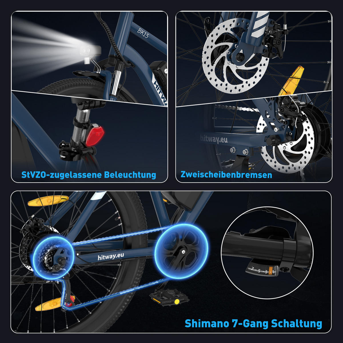 E-BIKE BK15P 27,5 Zoll ideal für Fahrer von 168 bis 195 cm Körpergröße - Blau, Metall (76cm) - HITWAY