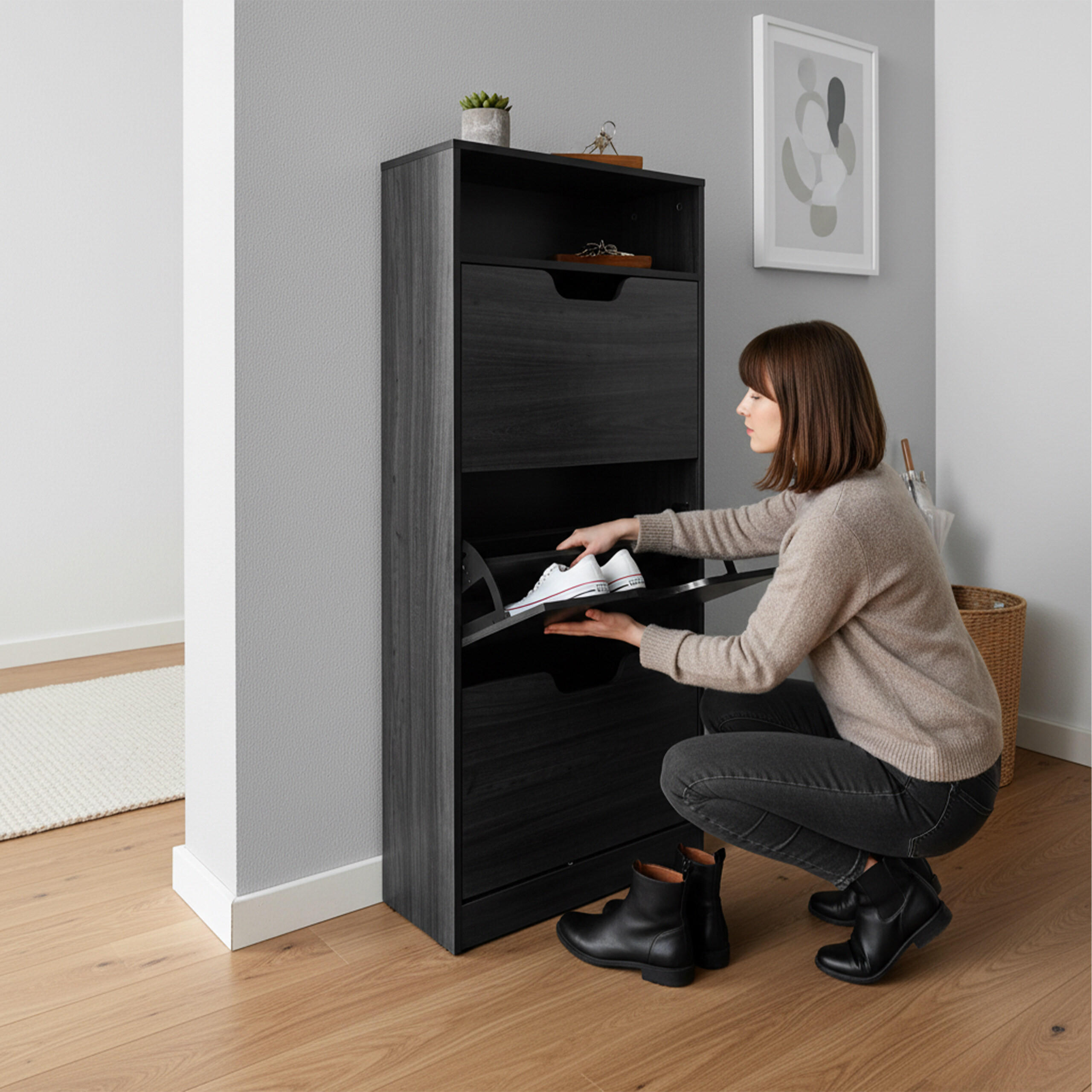 Thumbnail - Relaxdays Schuhschrank, Grau, Holzwerkstoff, Kunststoff, 60x140x24 cm, Garderobe, Schuhaufbewahrung, Schuhkipper