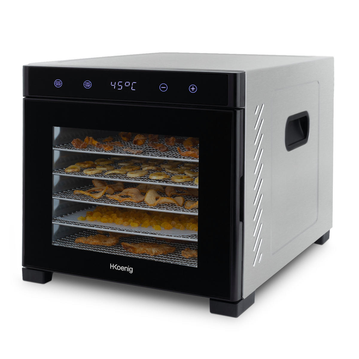 DÖRRAUTOMAT DSY900 Schwarz, 6 herausnehmbare Trocknerplatten, variable Thermostat von 35 ° bis 70 °C, Touchscreen, 650 W - Schwarz/Grau, Metall (34/31.1/45cm) - HKoenig