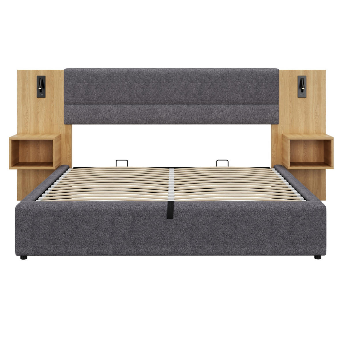 POLSTERBETT 160/200 cm mit USB-A/USB-C, Beleuchtung, hydraulischem Bettkasten und 2 Nachttischen, Natur/Grau - Grau, Textil (160/200cm) - Redom
