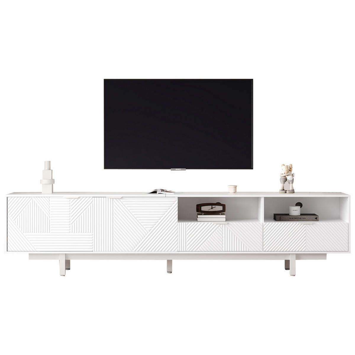TV-SCHRANK 200x40cm Modern abstrakte Linien Stauraum Weiß bis 90 Zoll - Weiß, Holz (52.07/12.19/115.06cm) - FLIEKS