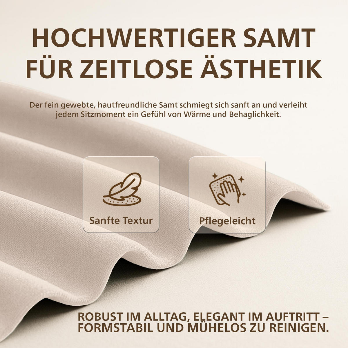 SITZPOUF rund Samt Creme - Eukalyptusholzfarben/Creme, Holz/Textil (42/46/42cm) - CLP