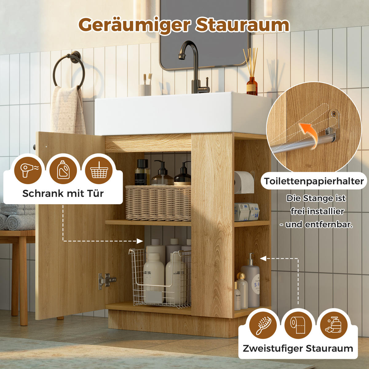 BADEZIMMERSCHRANK Waschbeckenunterschrank Rillenoptik Keramik 55cm - Naturfarben, Keramik (55/87/32cm) - FLIEKS
