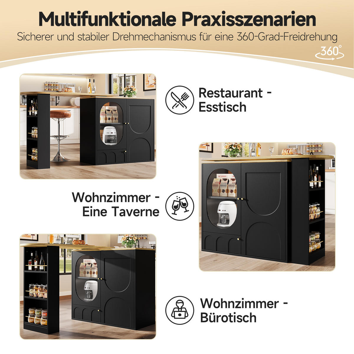 BARTISCH/KÜCHENINSEL aus MDF & Metall, 360° drehbar, 138/204/39/105 cm, Schwarz - Schwarz, Holzwerkstoff (39/105/138cm) - Redom