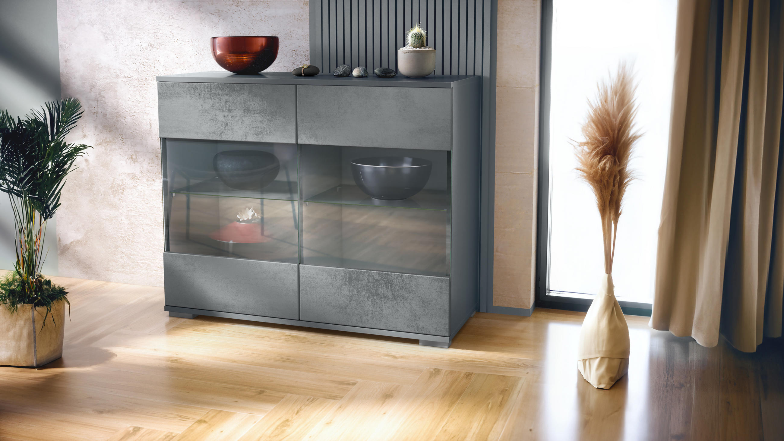 KOMMODE Bari Beton Dunkel Optik - Dunkelgrau, Holzwerkstoff (92.5/75.5/35cm) - Vladon