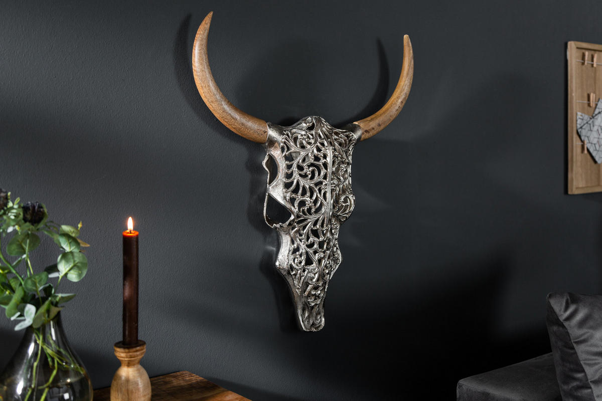 WANDDEKORATION EXOTIC BULL Mango Silber 60 cm - Silberfarben, Holz/Metall (51/57/11cm) - riess-ambiente