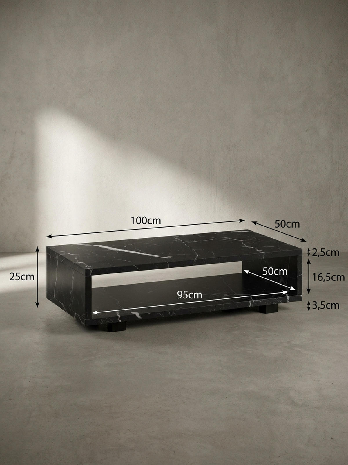 COUCHTISCH in Stein-Optik Modern mit Stauraum Rechteckig Schlicht, Schwarz 100x50x25 cm - Schwarz, Kunststoff (50/100/25cm) - KADIMA DESIGN