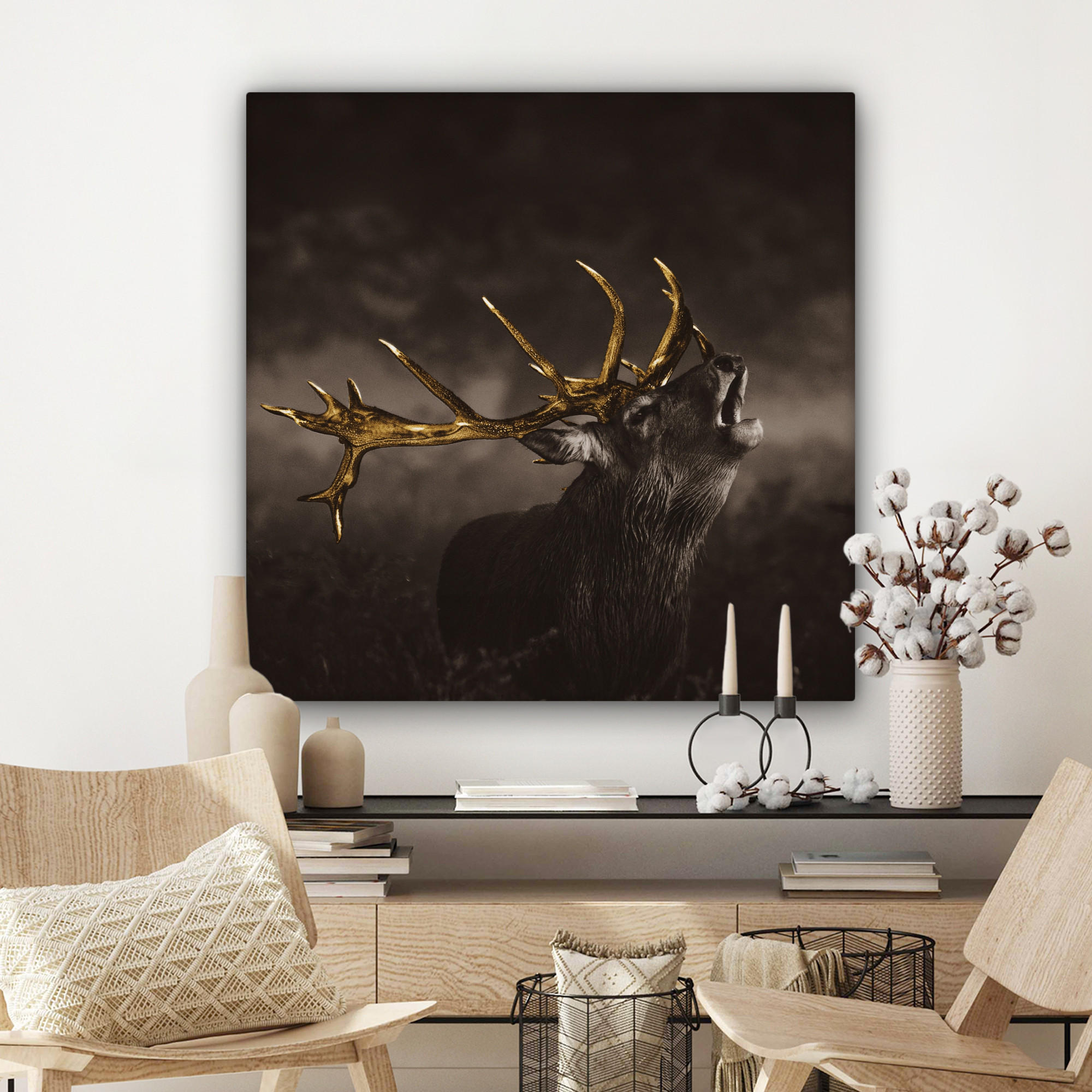 LEINWANDBILD Rotwild - Schwarz - Gold 90x90 cm - Braun, Textil (90/90cm) - MuchoWow