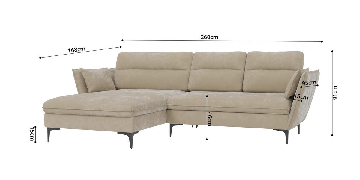 ECKSOFA Mira Beige Samt-Stoff - Beige/Schwarz, Textil/Metall (260/168cm) - S-Style Möbel
