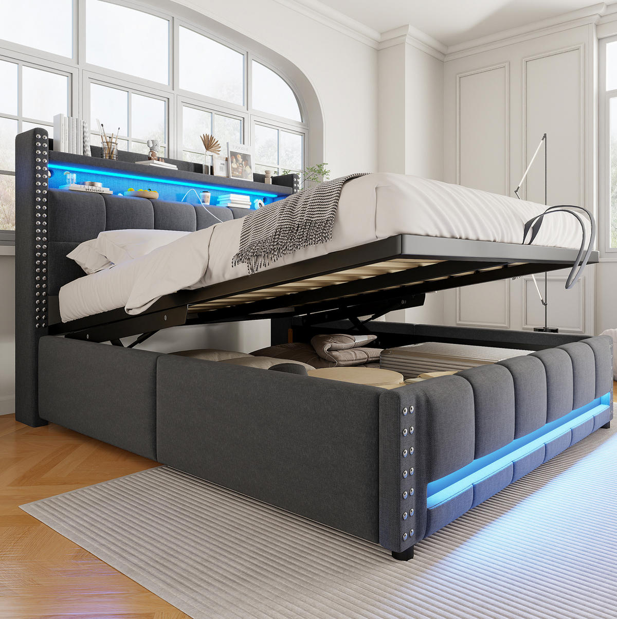 POLSTERBETT 140/200 cm mit Bettkasten, LED-Beleuchtung und USB-Anschluss - Grau, Textil (140/200cm) - BEAOK