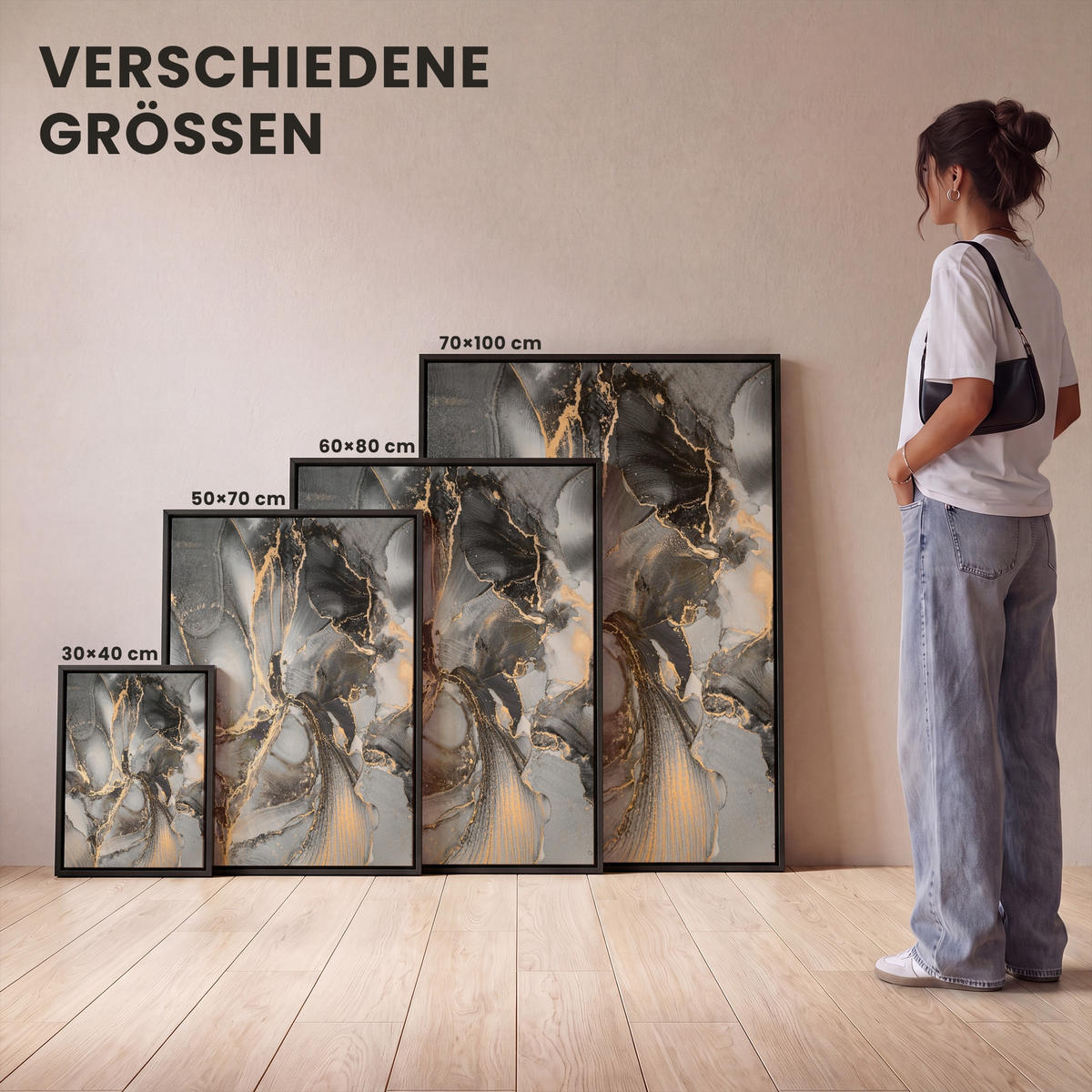 LEINWAND Bilder mit Rahmen - Grau - Luxus - Gold - Marmor - 30x40 - Dunkelgrau, Textil (30/40cm) - MuchoWow