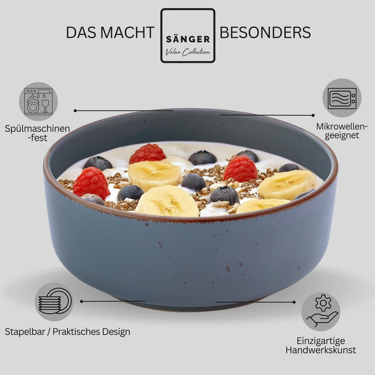 SCHALEN BOMBAY GRAPHIT - 4 teilig aus Steingut - Grau, Stein (16.5/16.5/6.5cm) - Sänger