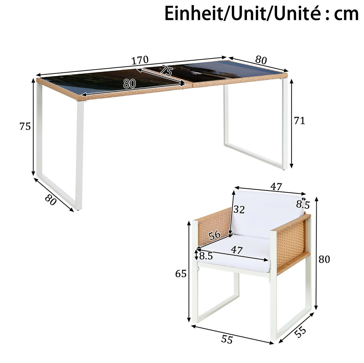 GARTENMÖBEL-SET 7-tlg. mit Glastisch und 6 Stühlen Braun Weiß - Braun, Holz - Beauniv