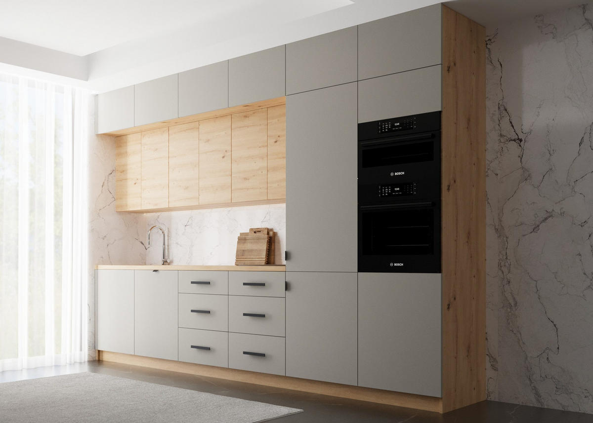 KÜCHENZEILE 360 cm - Nexa K50-G360 - in Beige & Woodline / Matt - Beige/Schwarz, Holz/Metall (360/212/582cm) - ROYAL24_MARKT