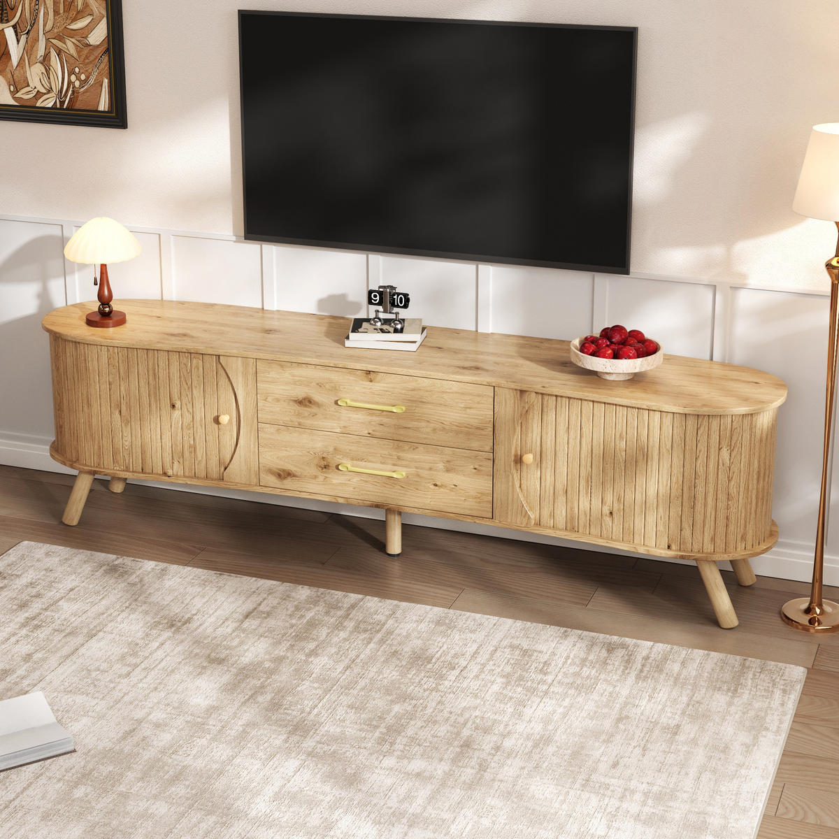 TV-LOWBOARD organisch Rillenoptik 2 Türen 2 Schubladen - Naturfarben, Holz (160/55/36.5cm) - Fortuna Lai
