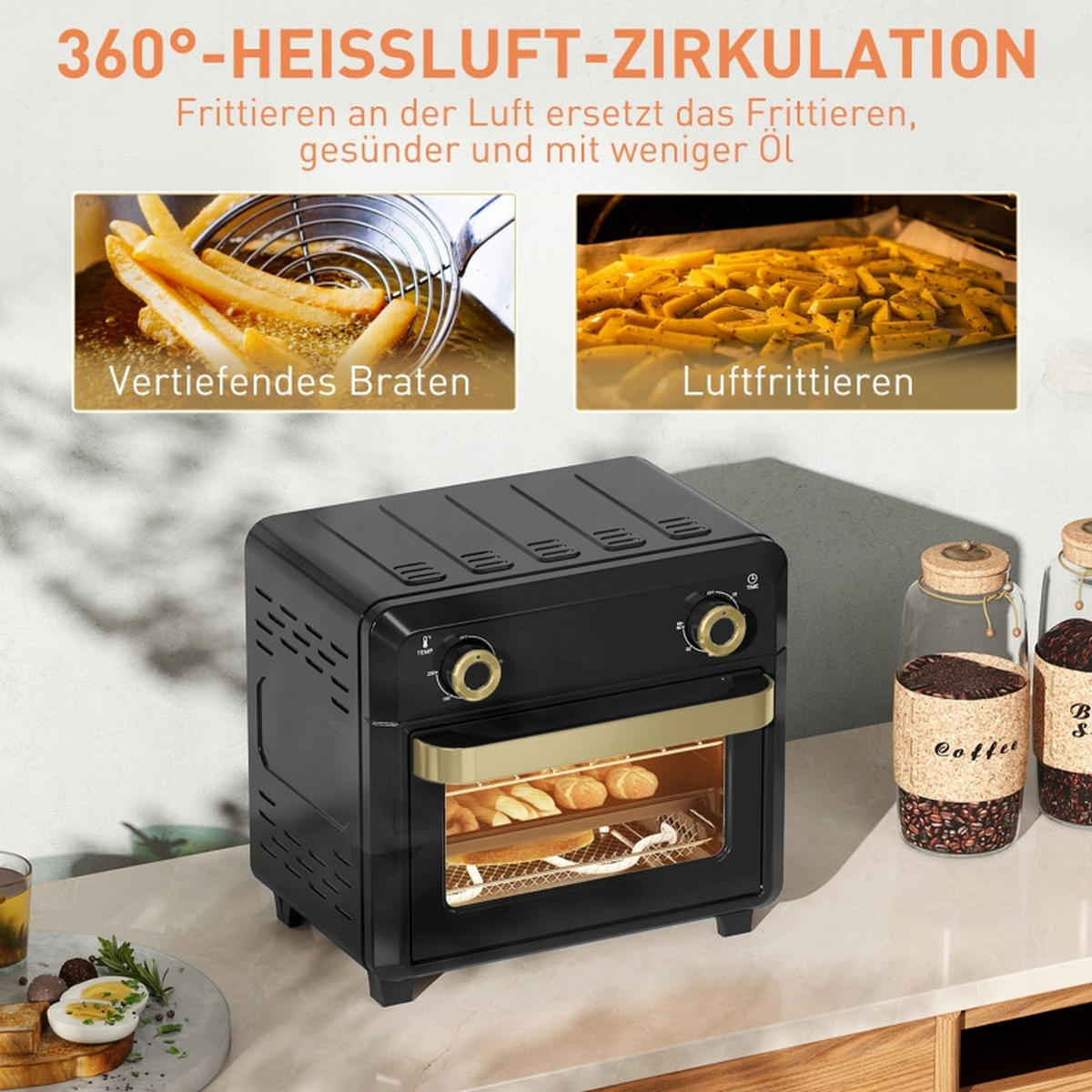 MINIBACKOFEN 10L mit Umluft & Heißluftfritteuse, Mini Ofen mit Timer, Innenbeleuchtung und mehreren Funktionen, Schwarz - Schwarz, Metall (32/29.8/27.2cm) - Beaface